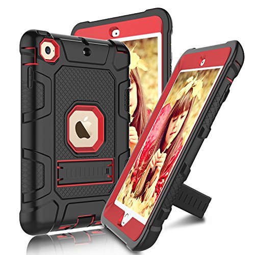 iPad Mini, Mini 2, Mini 3 Case, Elegant Choise iPad Case with Stand, Shockproof/High Impact Resistant Hybrid Three Layer Defender Protective Cover Case for iPad Mini 1/2/3 (Black+Red)