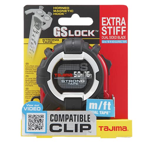 TAJIMA GS-Lock - Cinta métrica de 5 m x 2,5 cm con clip compatible y gancho magnético con cuernos, GS-MC165MBW