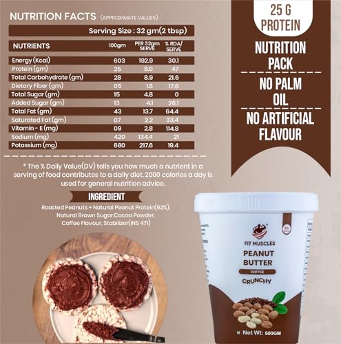 Image of Fit Muscles Coffee Crunchy Peanut Butter 500g, 25g Protein, Crunchy Peanut Spread, Rich Coffee Flavour, Natural Peanut Butter, No Palm Oil, No Artificial Flavour, Healthy Breakfast Gym Diet Food