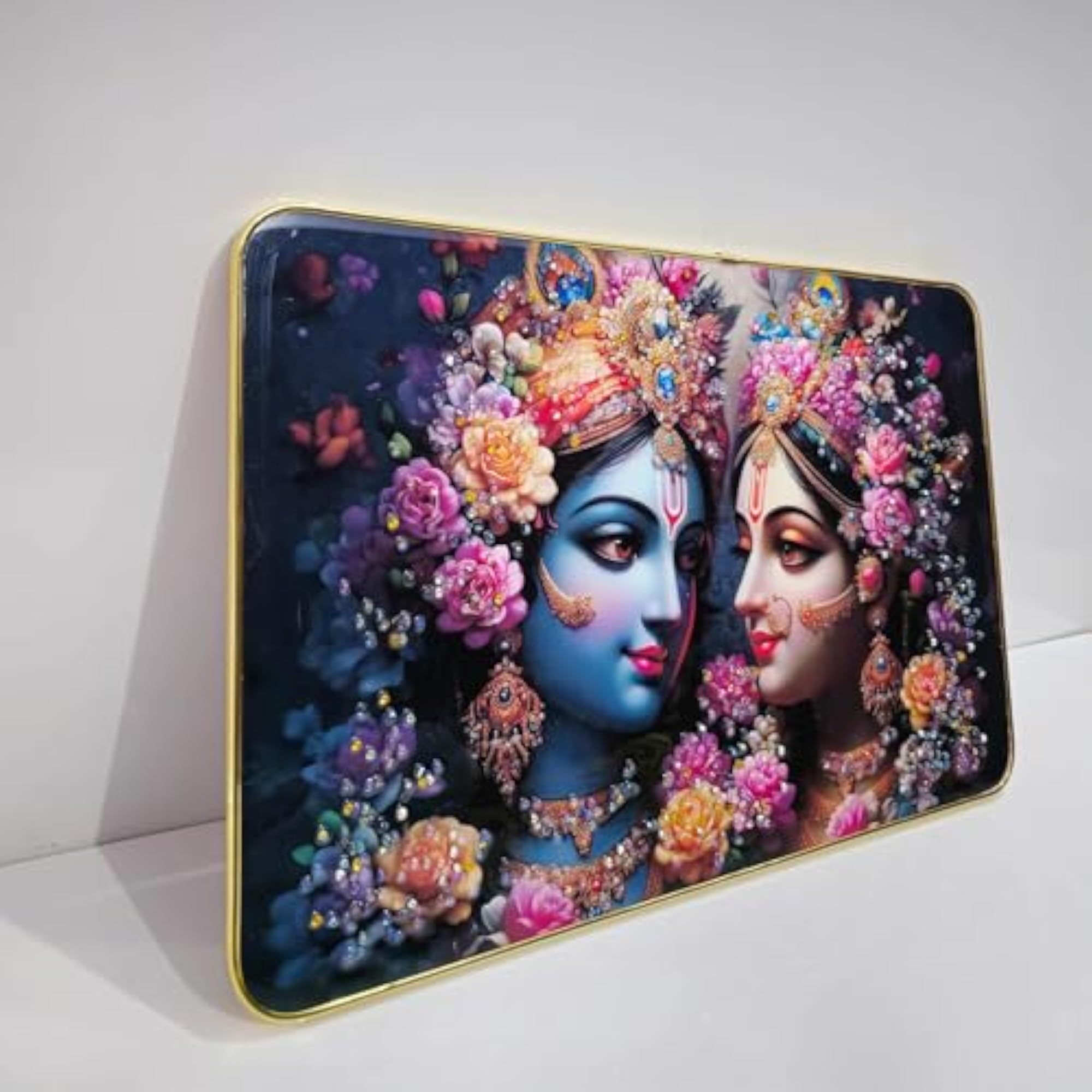 Radha Krishna Spiritual Painting with Crystal Embedded Frame