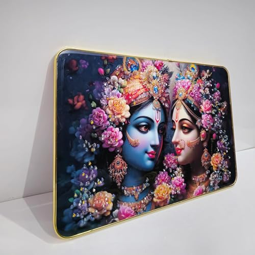 Image of Masstone Spritual Painting Radha Krishna Crystal Embedded Big Frame for Home Decor | Premium Gloss Finish | Gold Slim Frame Wall Art | Ready to Hang (1218-CRG03)