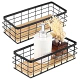 wkao Drahtkörbe, 2 Stück, schwarz, 24 x 9,9 x 7,1 cm, Holzboden für Zuhause, Küche, Wäsche, rustikaler Bauernhaus-Stil
