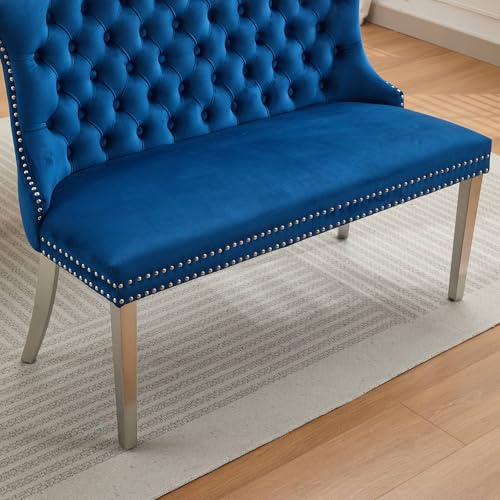 Image of 45.6''Velvet Dining Bench, Button Tufted Upholstered Dining Table Bench with Wing Highback, Nailhead Decoration, Small Loveseat Sofa with Silver Stainless Steel Legs, Mid Century Modern Seating, Blue