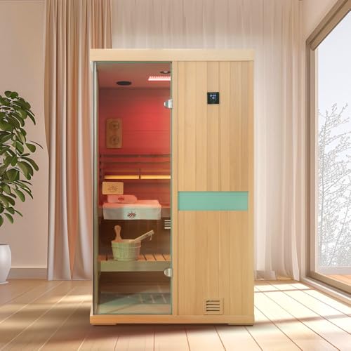 HKXSC 2 Person Traditional Home Steam Sauna with Red Light Therapy and Negative Ions,No EMF - Indoor Personal Luxury Spa for House and Gym - Made from Canadian Hemlock