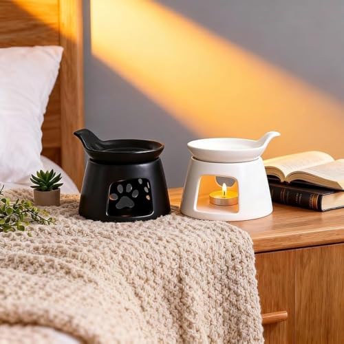 Guangcailun Chauffe-cire en céramique pour bougie chauffe-plat, joli brûleur à huile, expérience d'huile essentielle à la maison, brûleur pour transporter, Noir mat – vue 2