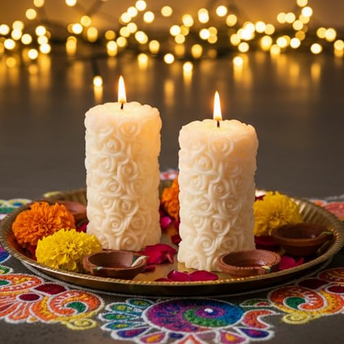 Image of Rose Pillar Candle, White Colour with Vanilla Fragrance, Smokeless Designer Decorative Candle Set for Home Decor, Diwali & Festive Gifting (5.5 x 10.5 cm, 12hrs)