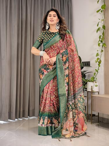 Image of ALMAARI FASHION Handloom Cotton Saree, Multicolour Floral Print with Silver Zari Border, 5.5 Metres with Blouse Piece