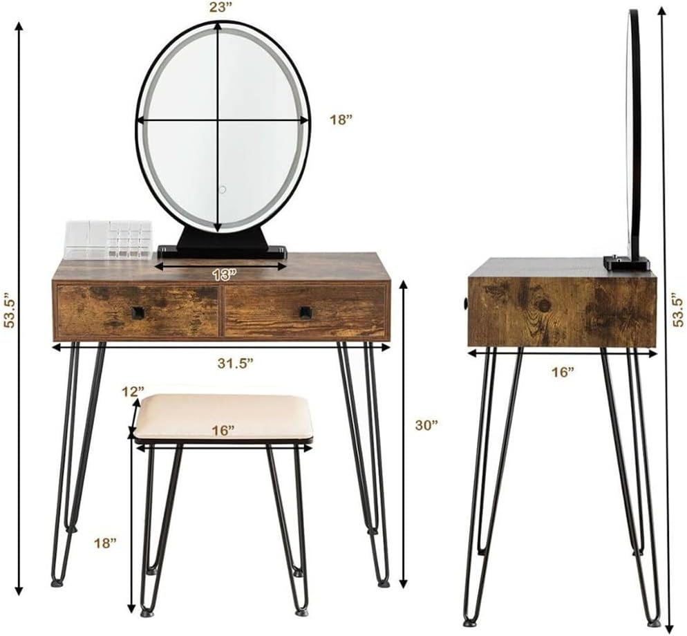 Dresser with 3 Lighting Modes Mirror Touch Switch Antique Dressing Table Bedroom Furniture
