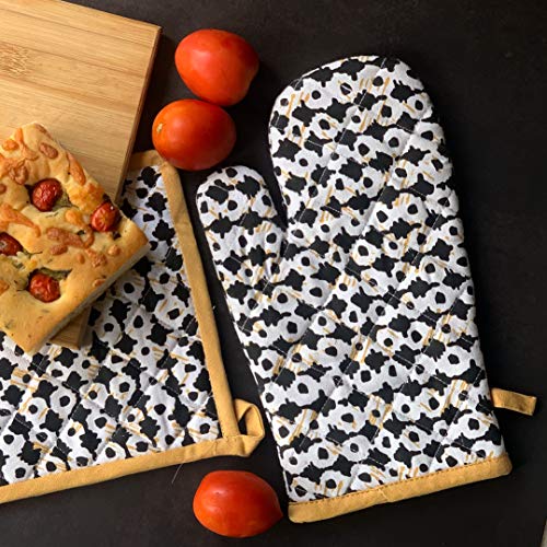 Pixel Home Organic Cotton Flower Print Apron with Oven Mitt and Pot Holder (Black GPH)