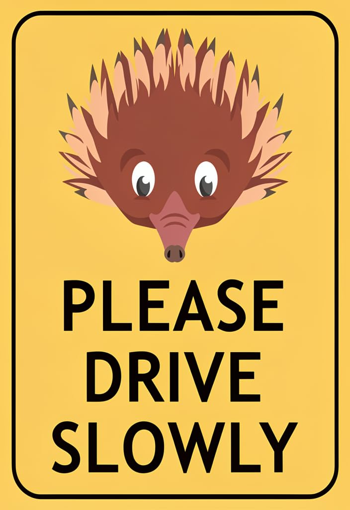 peiyeety Please Drive Slowly Echidna Tin Sign 12x8 Inch Funny Animal Metal Wall Decor, Yellow Caution Style Vintage Plaque for Home, Nursery, Kids Room, Garage, Office, Gift Idea