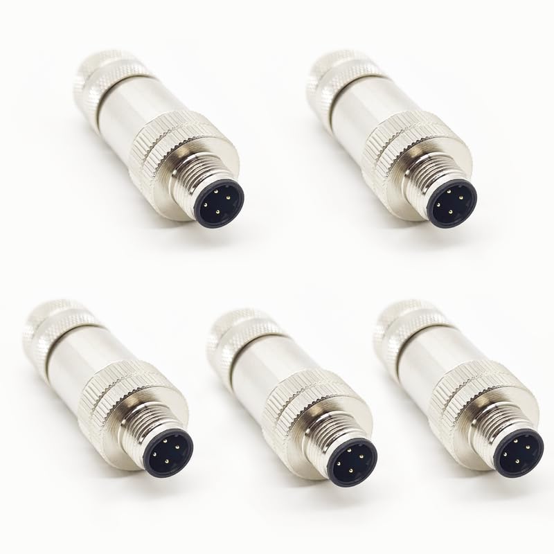 5Pcs M12 4 Pin Male Connector, D Code Straight Type Adapter for PG7/PG9 Cable IP67 Waterproof Shielding Metal Shell Sensor Field Assembly Circular Connector for Electric Bicycles 250V 4A AC/DC（5pcs）