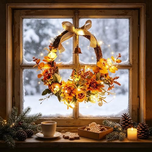 Harvest Fall Wreath for Front Door with Led Lights, Farmhouse Fall Decor, - image 4