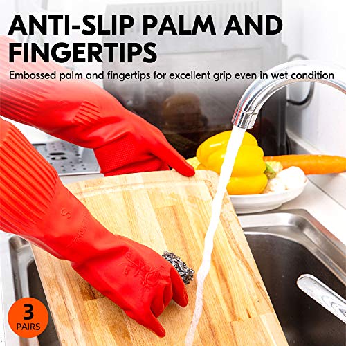 Vgo... 3-Pairs Dishwashing Gloves, Reusable Household Gloves, Kitchen Gloves, Long Sleeve, Thick Latex, Cleaning, Washing, Working, Painting, Gardening, Pet Care (Size M,Red, Rb2143) #TOP3