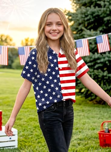 Image of BesserBay Unisex Kids 4th of July Shirt Girls Boys Patriotic Button Down Shirt American Flag Top 4-14 Years