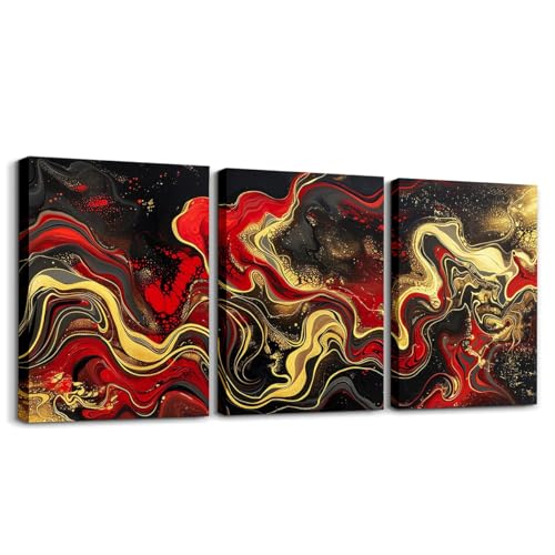 Peinture géométrique dorée pour salon | Tableau marbre rouge et noir 3 pièces