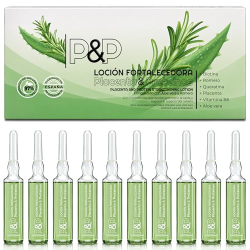 Ampollas Anticaida para el cabello. Enriquecida con Placenta, Romero y Aloe Vera. Tratamiento fortalecedor del bulbo. Prevención de la caída del pelo. Mujer y Hombre (10 ampollas de 10 ml)