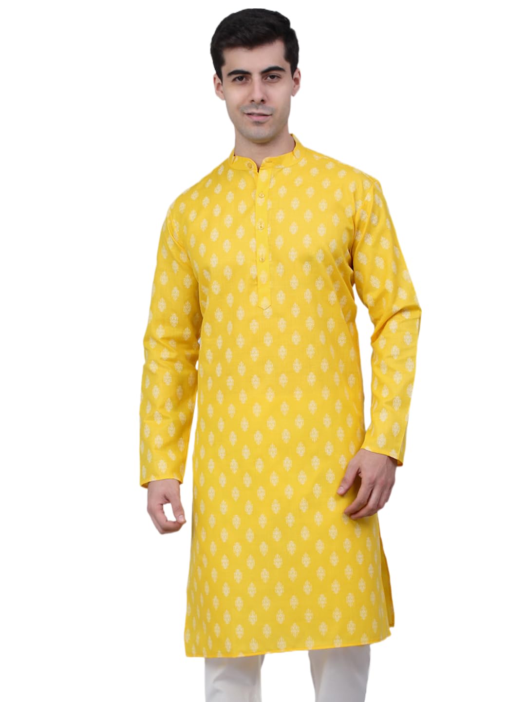 Jompers Men's Cotton Floral Printed Kurtas (Lemon, M)