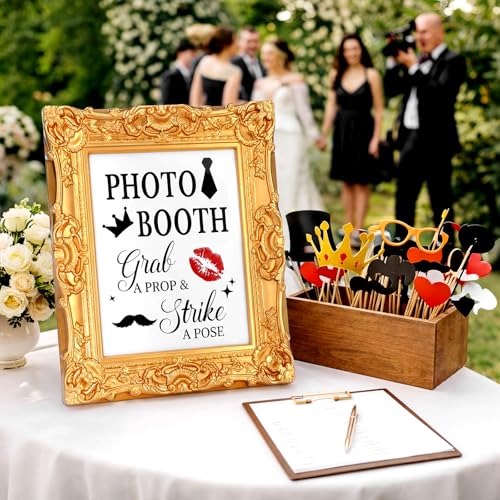 Qunclay Vintage Wedding Photo Booth Sign with Gold Frame Retro Resin Photo Booth Stand for Props Background Table for Indoor and Outdoor Wedding Party Supplies Photography Props Desktop Decoration