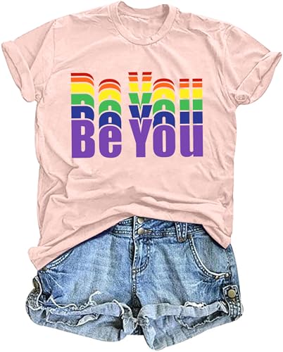 Rainbow Shirt Women Pride Shirt Rainbow Graphic Tees Shirts Letter Print Casual Short Sleeve Tops