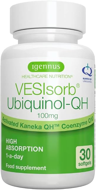 VESIsorb Ubiquinol-QH Advanced Fast-Acting Coenzyme Q10-100 mg Water-Soluble Kaneka QH Ubiquinol CoQ10 Supplement Ideal for Heart Health, Restoring Energy, Fertility, 1 Month Supply, by Igennus