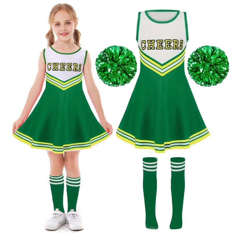 Amtum Cheerleader Outfit Kids Cheerleader Fancy Dress Uniform High SchoolWith Pom Poms Musical Uniform Outfit,Green-110cm