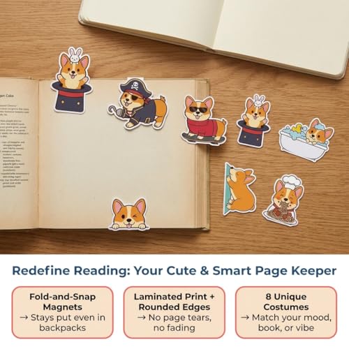 Corgi Peeking Magnetic Bookmarks Set of 8, Cute Dog Bookmark Clips with Funny Costume Designs, Magnetic Book Marks for Books, Planner & Journals, Gifts for Dog Lovers Women, Corgi Gifts — view 2