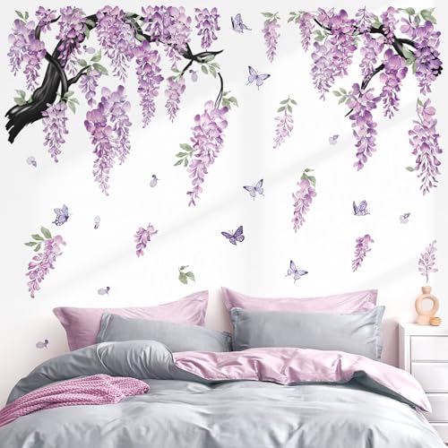 Mural stickers pendantes fleurs branche arbre violet pour bureau