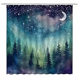 ZWSMZW Forest Moon Shower Curtain Watercolor Misty Forest Fantasy Starry Sky Galaxy Nature Gothic Scenery Abstract Outdoor Bathroom Decor Curtains with Hooks, Purple