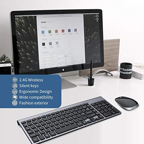 FENIFOX Wireless Keyboard & Mouse,2.4G USB Slim QWERTY UK Compact Quiet Ergonomic,For Computer PC Laptop TV Tablet,Silver White (Black Grey)