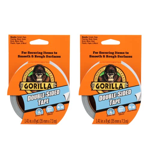 Image of GORILLA Double-Sided Tape, Strong Adhesive, Gray, 1.41 in x 8 yd, 2-Pack