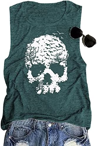 Womens Skull Tank Tops Funny Gothic Graphic Summer Casual Sleeveless Shirt Halloween Skeleton Horror Tee Top Novelty Athletic Workout Tank Tops (Green,M)
