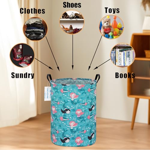 Image of Storage Bin, Canvas Fabric Collapsible Organizer Basket for Laundry Hamper,Toy Bins,Gift Baskets, Bedroom, Clothes,Baby Nursery (Round Mermaid)