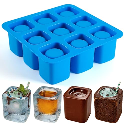 Sidosir 1Pack Square Ice Shot Glass Silicone Mold 9-Cavity Shot Glass Ice Molds for Freezer Whiskey Cocktail Square Ice Cube Cup Molds for Jagermeister Gifts