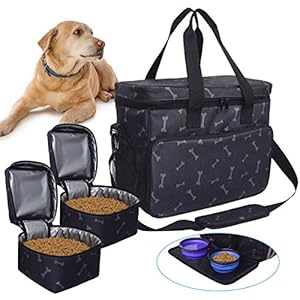 Zwini Sac de voyage lavable pour chien avec compartiments, mangeoire pliable et abreuvoir (noir)