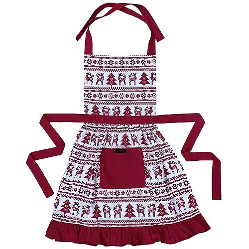 Ragged Rose Christmas Apron, Cotton Apron for Cooking & Dishwashing, Frilly Apron with Adjustable Neck Strap
