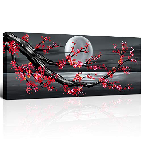 KLVOS Red Cherry Blossom Wall Art Black and White Tree and Full Moon Pictures Prints on Canvas Sea Landscape Artwork for Modern Living Room Bedroom Home Decoration Stretched Ready to Hang 20" W x 48" L
