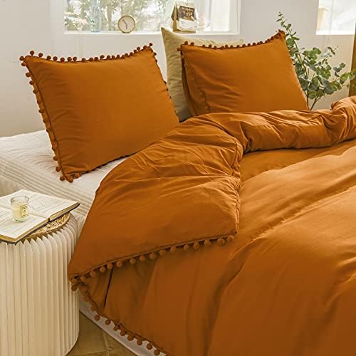 Herside White Duvet Cover Set King Boho Bedding Solid Ball Fringe Pattern Soft Microfiber All White Bedding Sets 1 Duvet Cover 2 Pillowcases (White, King)