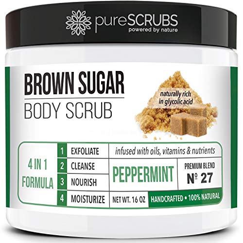 Purescrubs Premium Organic Brown Sugar Peppermint Face & Body Scrub Set - Large 16Oz, Infused With Organic Essential Oils & Nutrients Includes Wooden Spoon, Loofah & Mini Exfoliating Bar Soap #TOP17