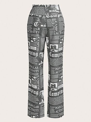 WDIRARA Women's High Waist Newspaper Print Wide Leg Zipper Casual Baggy Funky Pants Grey M