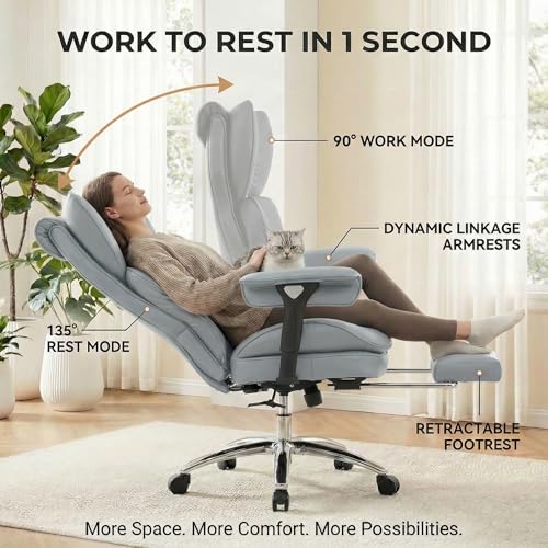 ATMILD Big and Tall Office Chair, 400lbs Heavy Duty Wide Seat Executive Chair with Footrest, High Back Leather Computer Desk Chair for Home Office (Grey) - Image 4