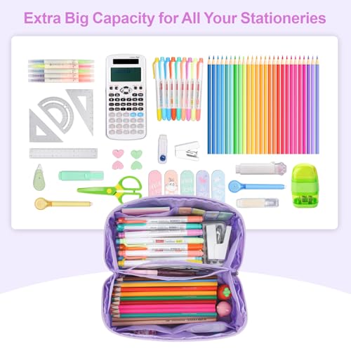 Image of Large Pencil Case for Girls, Aesthetic Pencil Pouch for School, Wide Opening Organizer Box with Handle, Fits 50 Pens & Markers (Glitter Purple Tie-Die)