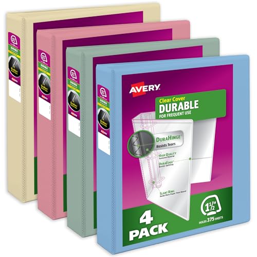 Image of Avery Durable View 3 Ring Binders, 1.5 Inch Slant Rings, 375-Sheet Capacity, Assorted Pastel Colors, 4-Pack (05634) - for School, Office, Teachers, Classrooms & Home Organization