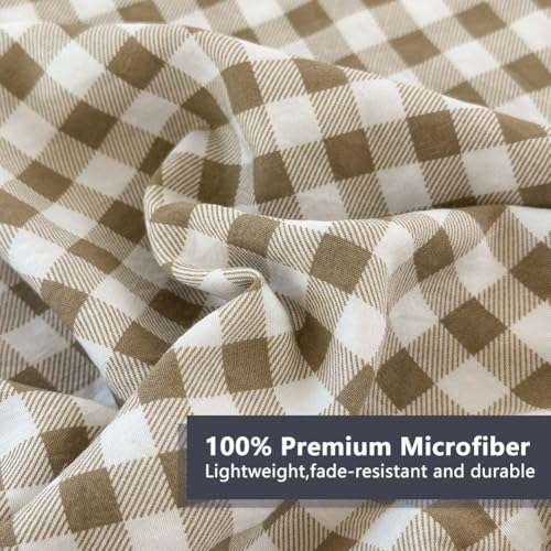 Image of NSNLGSGC Tan Ruffle Gingham Comforter Set King, Pre-Washed Ruffled Taupe Plaid Checked Comforter Bedding, 3 Pieces Vintage Farmhouse Grid Bedding Set(Tan Gingham, King)