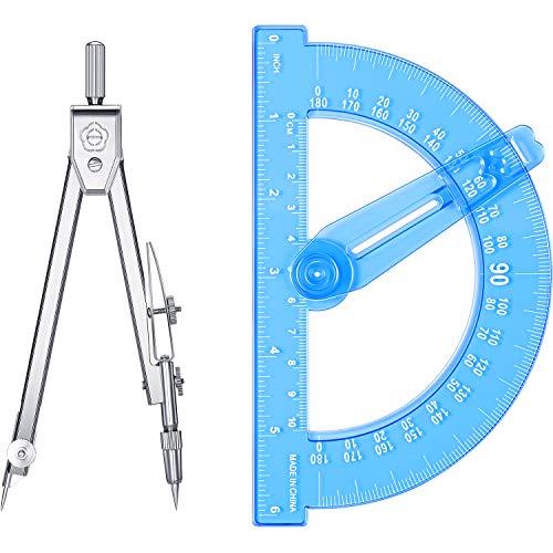 Student Geometry Math Set, Drawing Compass and 6 Inch Blue Swing Arm Protractors 180 Degree Math Protractor (Style 2)