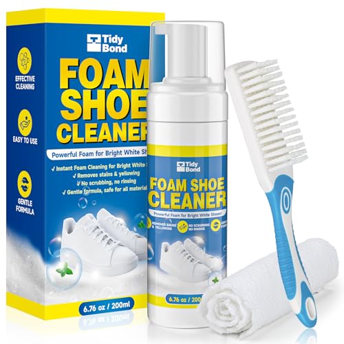 Tidybond Shoe Cleaner 200ml Foam Trainer Cleaner for White Shoes Removes Dirt & Stains Anti-Yellowing Cleaning Kit with Brush & Cloth Suitable for Leather Canvas Mesh & Rubber
