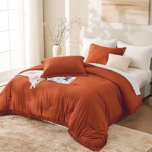 Image of Andency Comforter Full Size Set Burnt Orange, 3 Pieces Boho Terracotta Winter Lightweight Bedding Comforter Sets, All Season Rust Tassel Bed Set (79x90In Comforter & 2 Pillowcases)