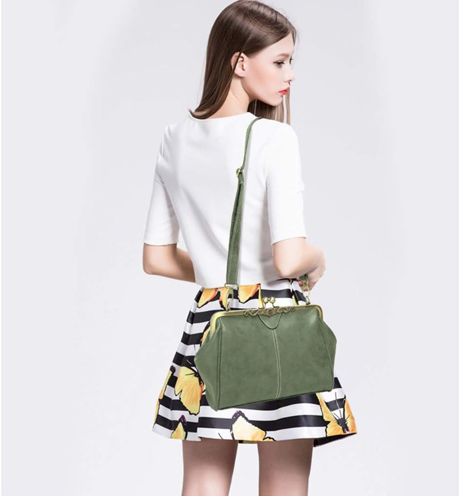 Women Vintage Small Retro Handbags Kiss Lock Crossbody Purse Frosted Leather Messenger Bag Tote - Image 2