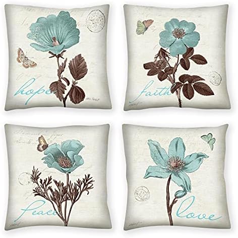 Throw Pillow Covers 18×18 Set of 4, Decorative Pillows for Couch Bed, Sofa Pillows Decorations for Living Room, Blue Flowers Modern Square Outdoor Pillows Couch Cushion Covers for Home Bedroom Car