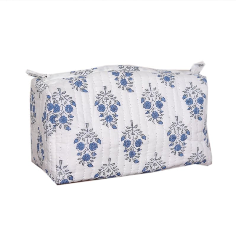 Image of Toiletry Travel Bag | Men's Shaving Kit & Women's Makeup Pouch | 23.5 x 11.5 x 17.5 cm | White&Blue Floral