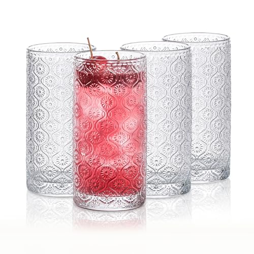 Image of SoulTimes Glass Cups Vintage Glassware Set of 4, Drinking Glasses 12.5oz, Embossed Pattern Style Transparent Cocktail Glasses Set, for Ice Coffee,Juice,Beer,Bar Beverages,Drinkware, Transparent (L)